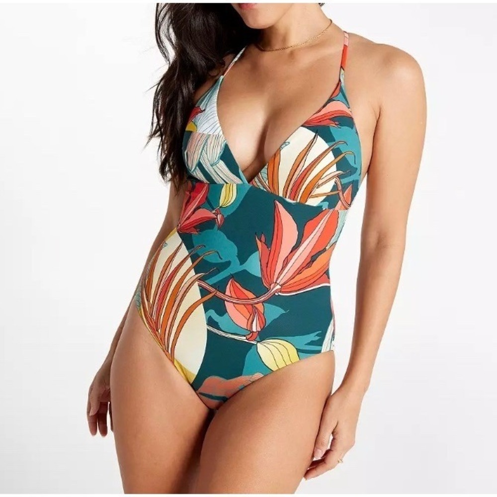 CALIA Womens Triangle Strappy Back One Piece Swimsuit Botanical Print Size 4 NWT